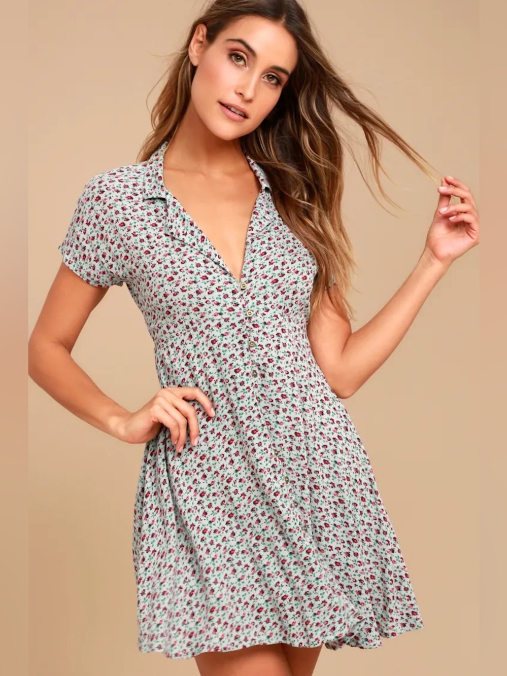 Lulu's Mint Floral Button-Up Short Sleeve Dress medium tie back